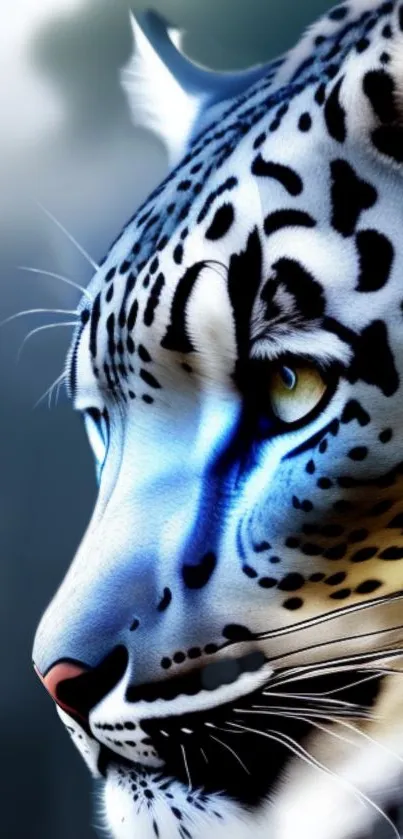 Majestic leopard with piercing gaze, featuring blue accents on a mobile wallpaper.