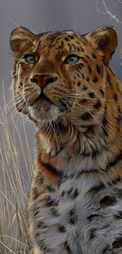 Majestic leopard sitting in grass with a serene background.