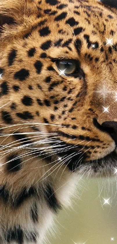 Majestic leopard with shimmering sparkles, perfect for mobile wallpaper.