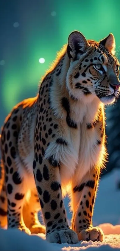 Majestic leopard illuminated by Northern Lights.