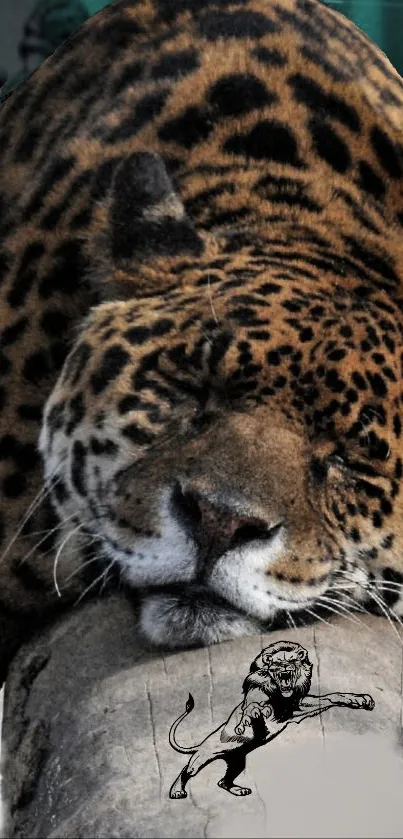 Majestic leopard resting on a log with intricate artwork.