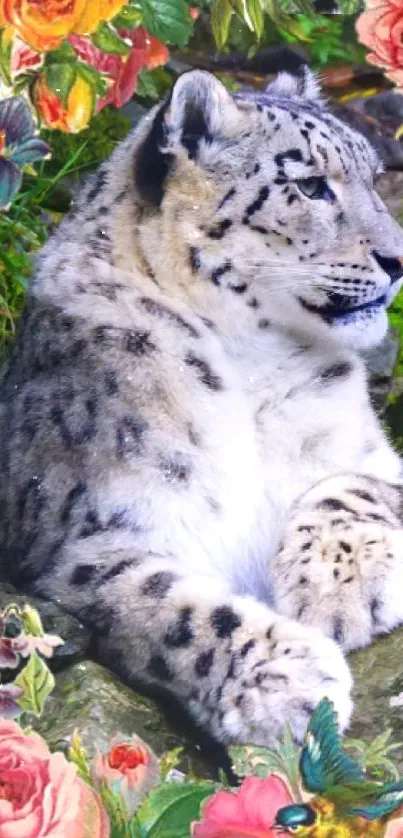 Snow leopard with colorful roses wallpaper.