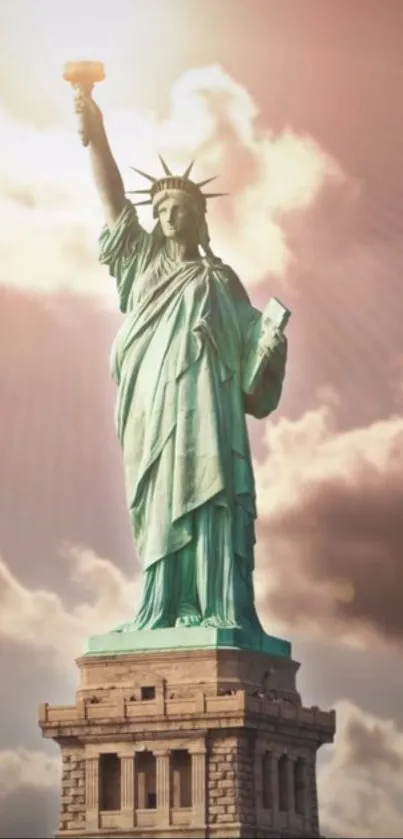 Statue of Liberty with a dramatic sky backdrop.