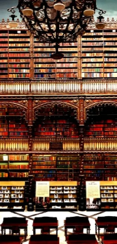 Majestic library with towering bookshelves and ornate design for mobile wallpaper.