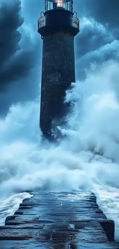 Lighthouse towering over crashing waves with a dramatic sky.