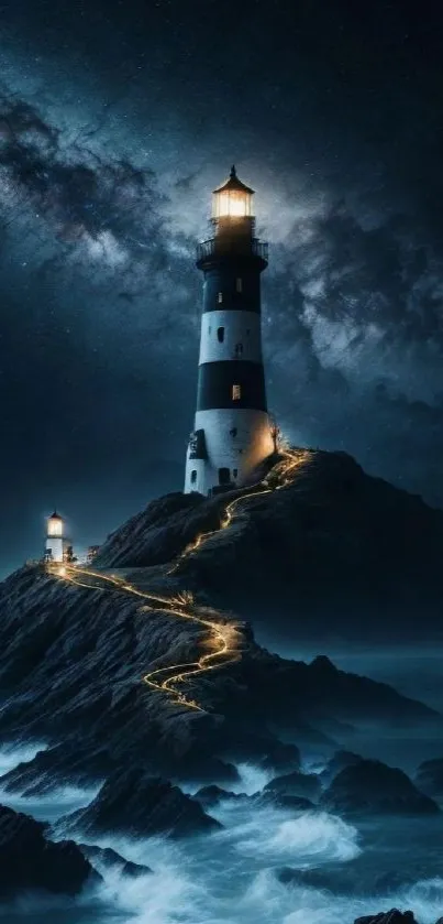 Lighthouse standing under a cloudy, starry night sky with ocean waves below.