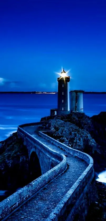 Majestic lighthouse under a twilight sky with ocean waves.