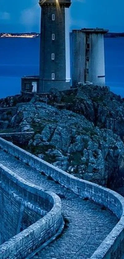 Lighthouse on rocky coast under a deep blue night sky.