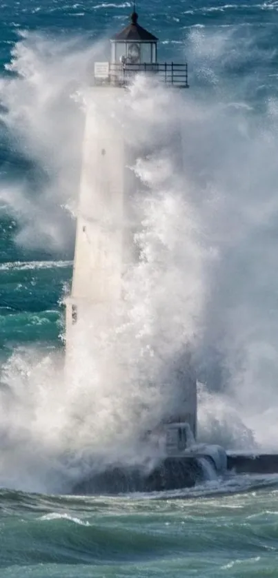 Majestic lighthouse with ocean waves crashing.