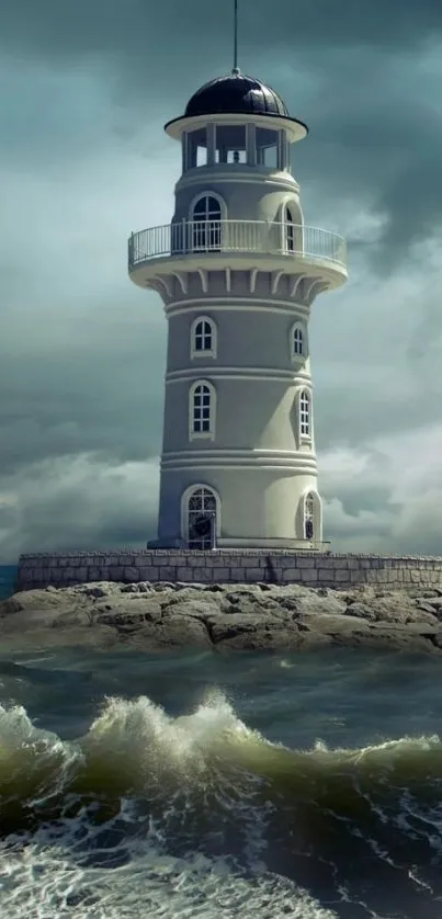 A majestic lighthouse stands against stormy seas and sky, evoking a nautical atmosphere.