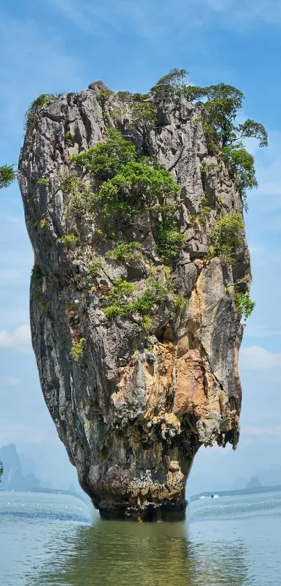 Limestone island above azure sea with a bright blue sky in the background.