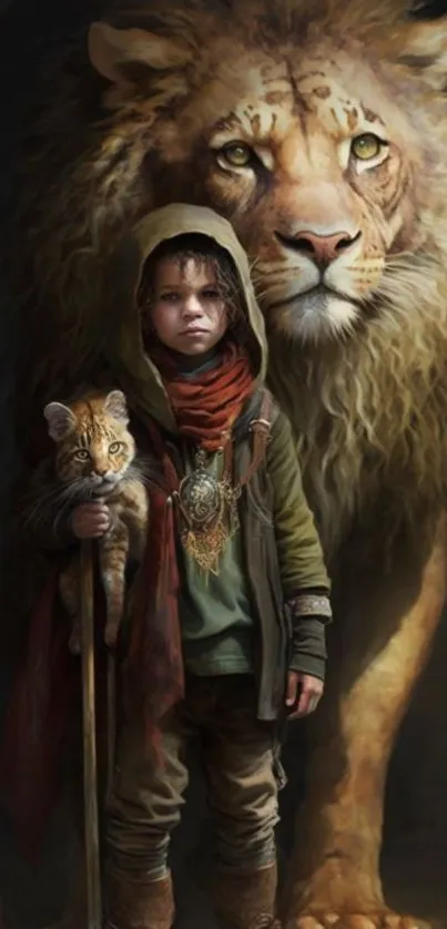 Majestic lion with child in artistic wallpaper display.