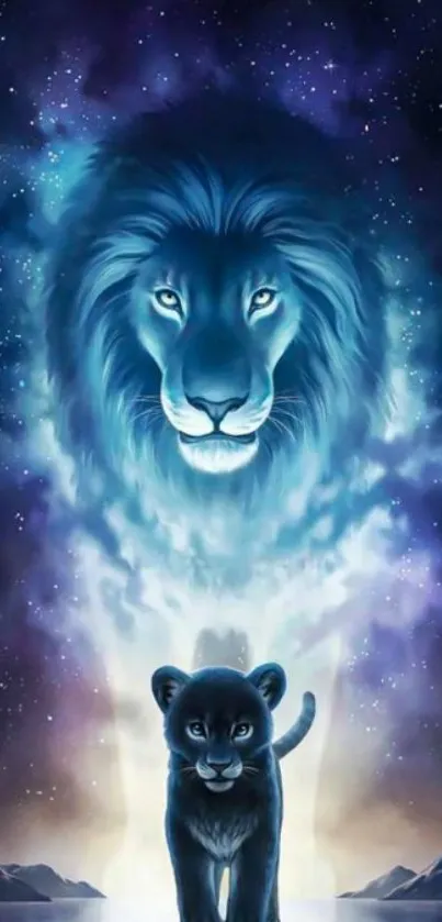 Lion and cub in cosmic galaxy art mobile wallpaper.