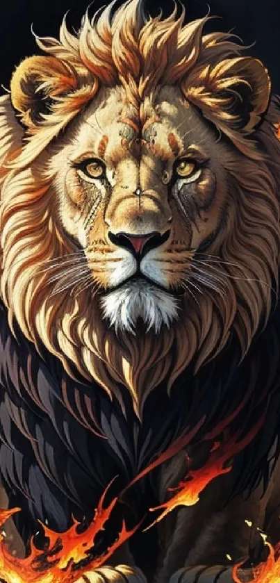 Majestic lion surrounded by flames, digital artwork.