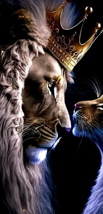 Lion and cheetah wearing crowns on a dark background.