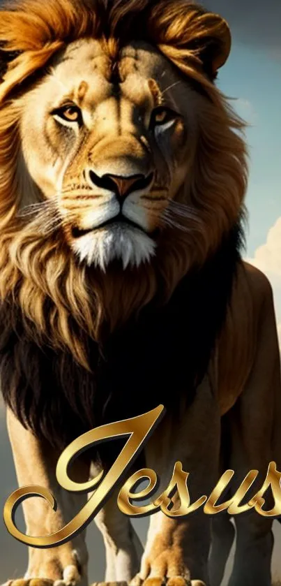 A majestic lion with a golden mane beside a cross, symbolizing strength and faith.