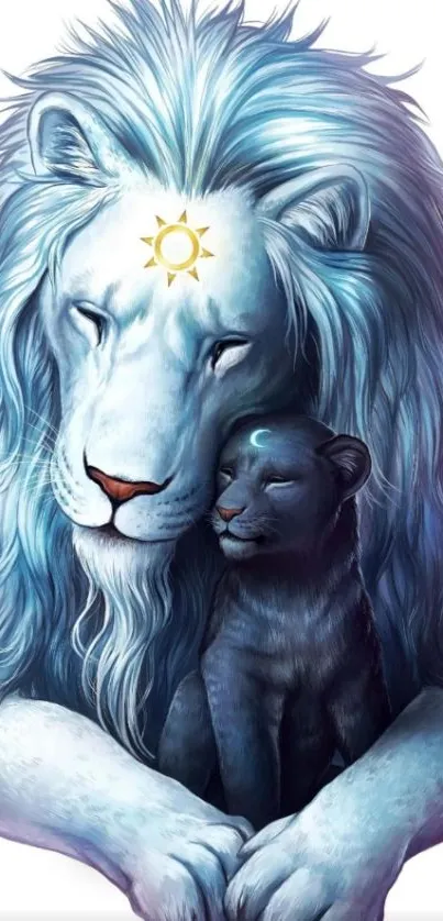 Lion and cub in blue artistic design wallpaper.