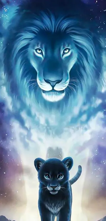 Artistic wallpaper of a lion and cub under a starry sky in blue hues.