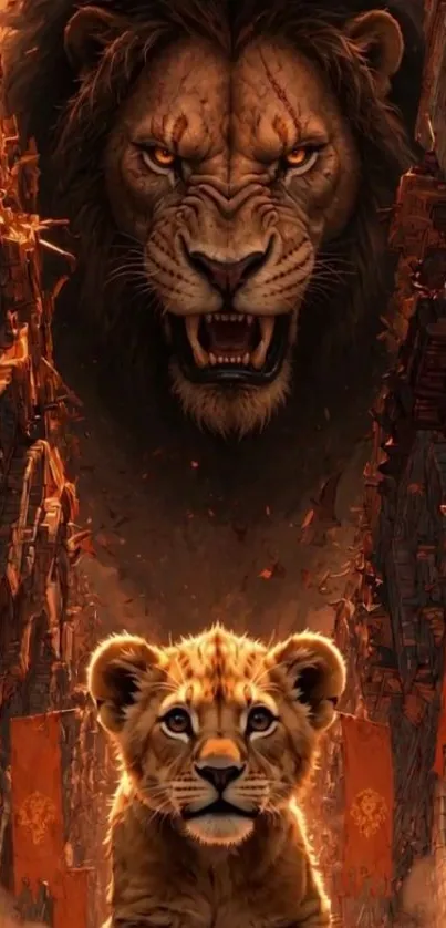 Lion and cub in a dramatic digital artwork with rich, earthy tones.
