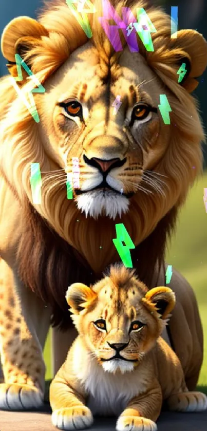 Majestic lion and cub in a serene landscape with greenery.