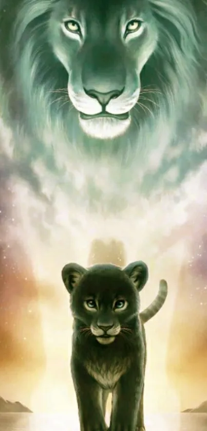 Lion and cub in a celestial backdrop wallpaper.