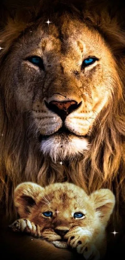 Majestic lion and cub in detailed mobile phone wallpaper.