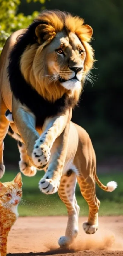 Lion leaping in savannah as cat watches.