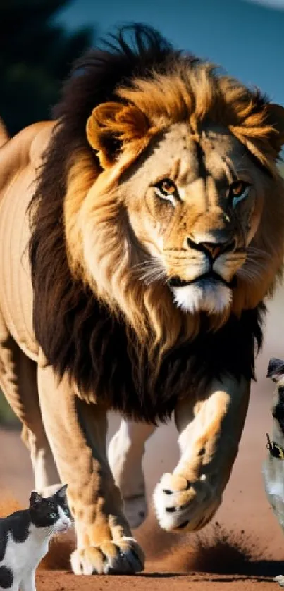 Lion, cat, and dog on a desert path.