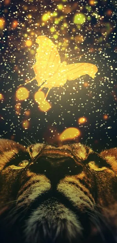 Lion gazes at glowing butterfly in vibrant wallpaper.