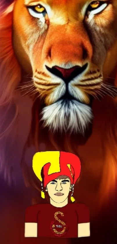 Vibrant mobile wallpaper featuring a lion and a jester.