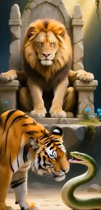 Majestic lion sitting on throne with tiger and snake.