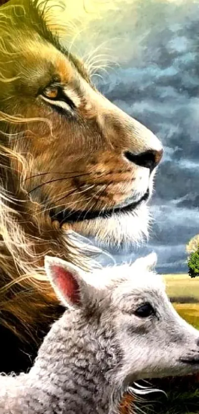 Majestic lion and lamb in a serene landscape wallpaper.