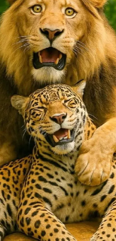 Lion and leopard sitting together in jungle.