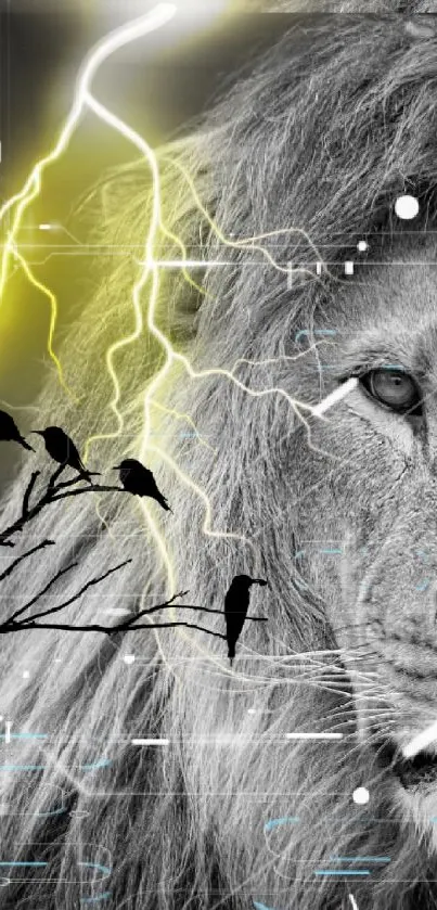 Lion with lightning mobile wallpaper featuring a striking natural scene.