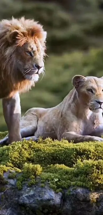 Lion and lioness on a green landscape, nature wallpaper.