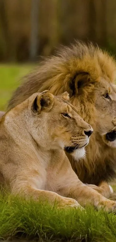 Lion and lioness lying together in green field.