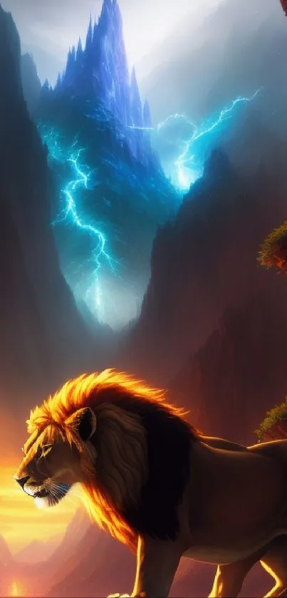 Majestic lion with mystical mountain backdrop in a vibrant nature scene.