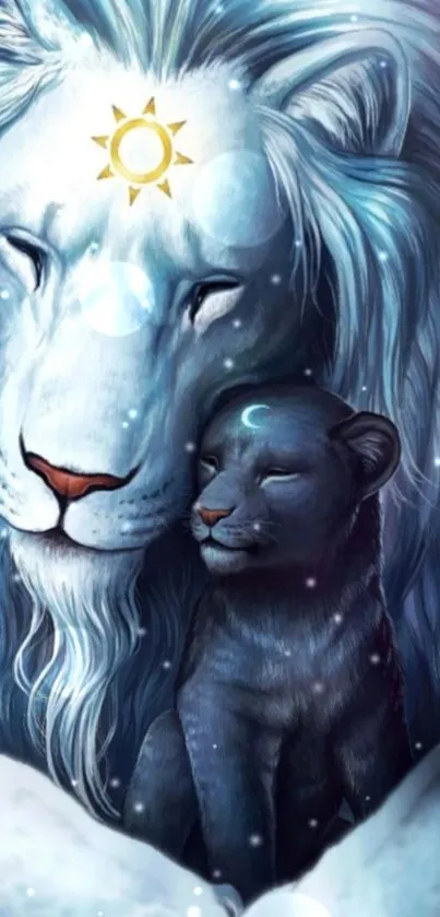 Mystical white lion and black panther artwork in blue-gray hues.