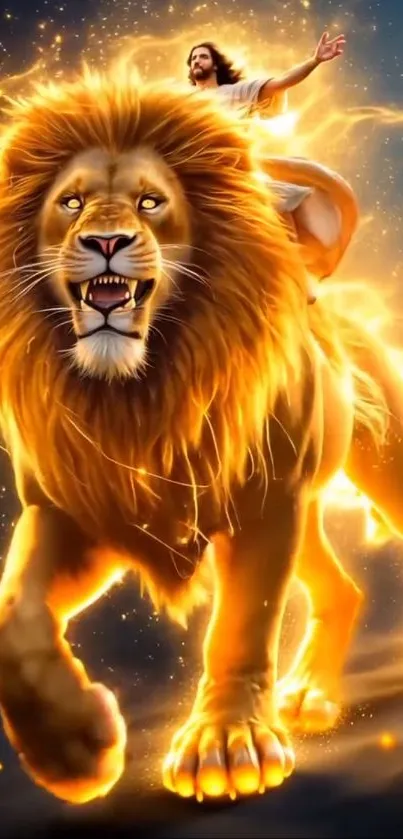Glowing lion with a divine rider in golden light.