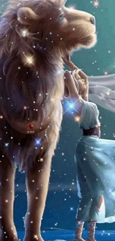 Lion and woman under a starry sky.