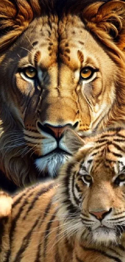 Majestic lion and tiger artwork with fiery background.