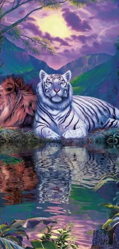 Lion and tiger in a serene jungle scene with vibrant colors and a reflecting river.