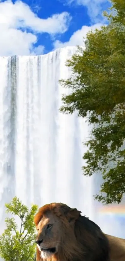 Majestic lion resting in front of a cascading waterfall and lush greenery.