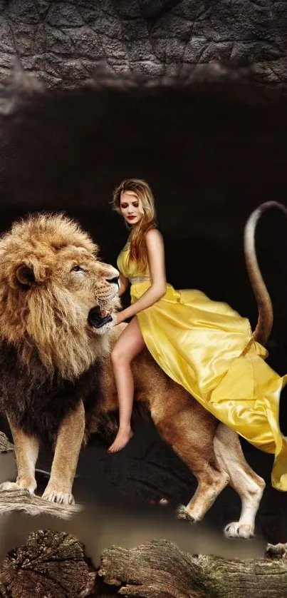 Woman in yellow dress sits on a lion.