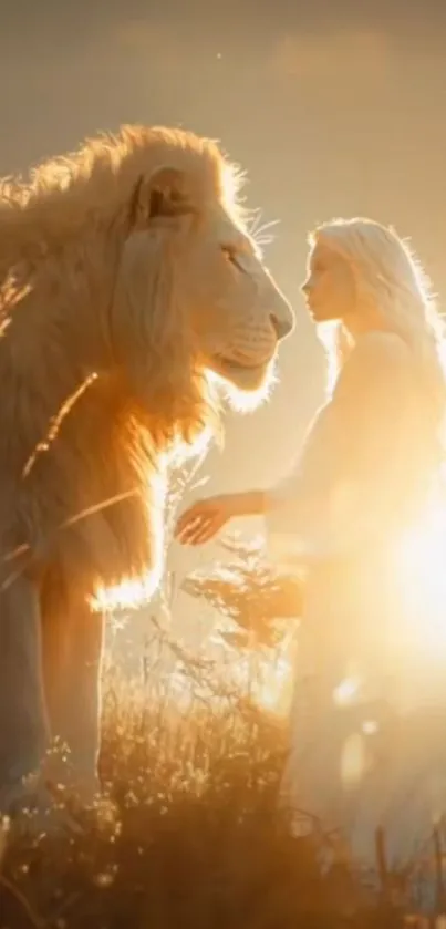 A serene woman gently reaches out to a majestic lion in golden light.