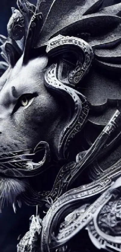 Fantasy lion in intricate armor on dark-themed mobile wallpaper.