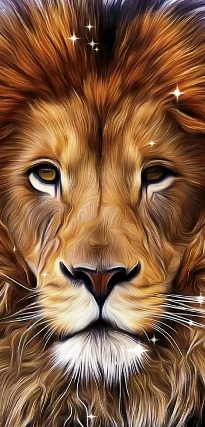 Artistic rendering of a lion's face with a golden mane.