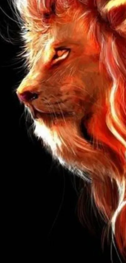 Majestic lion with fiery mane on black background, artistic mobile wallpaper.