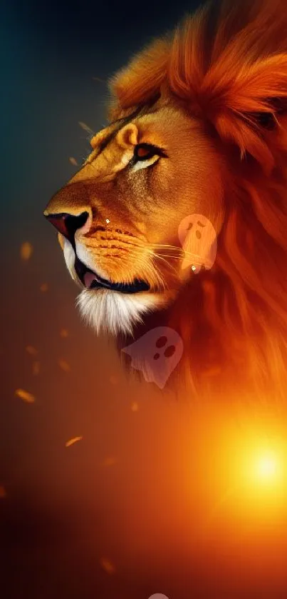 Majestic orange lion art with glowing sun backdrop.