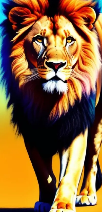 Majestic lion digital art with vibrant orange and blue hues.